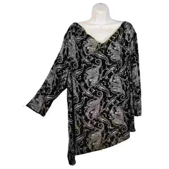 MSK Woman BLACK SILVER Print TUNIC Top Vintage Paisley STRETCH Cowl Neck size 2x - Picture 2 of 8